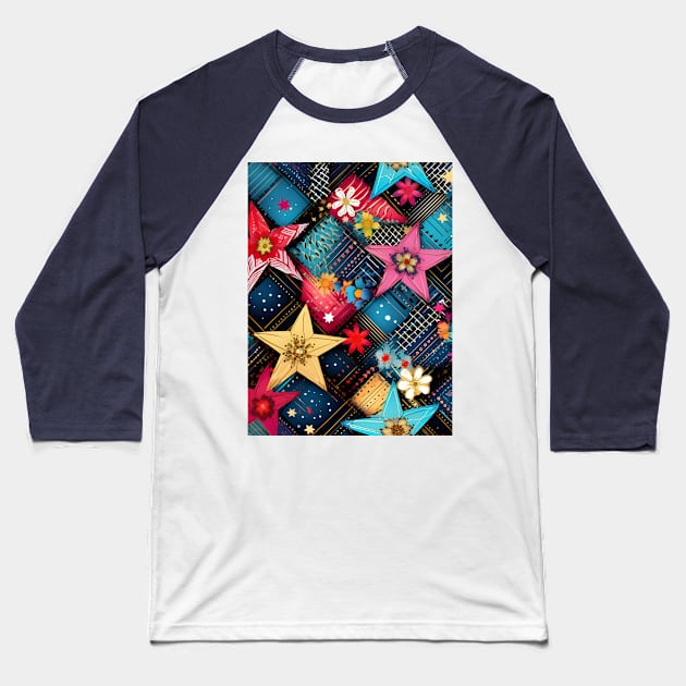 Patchwork Flowers and Stars Baseball T-Shirt by Mistywisp